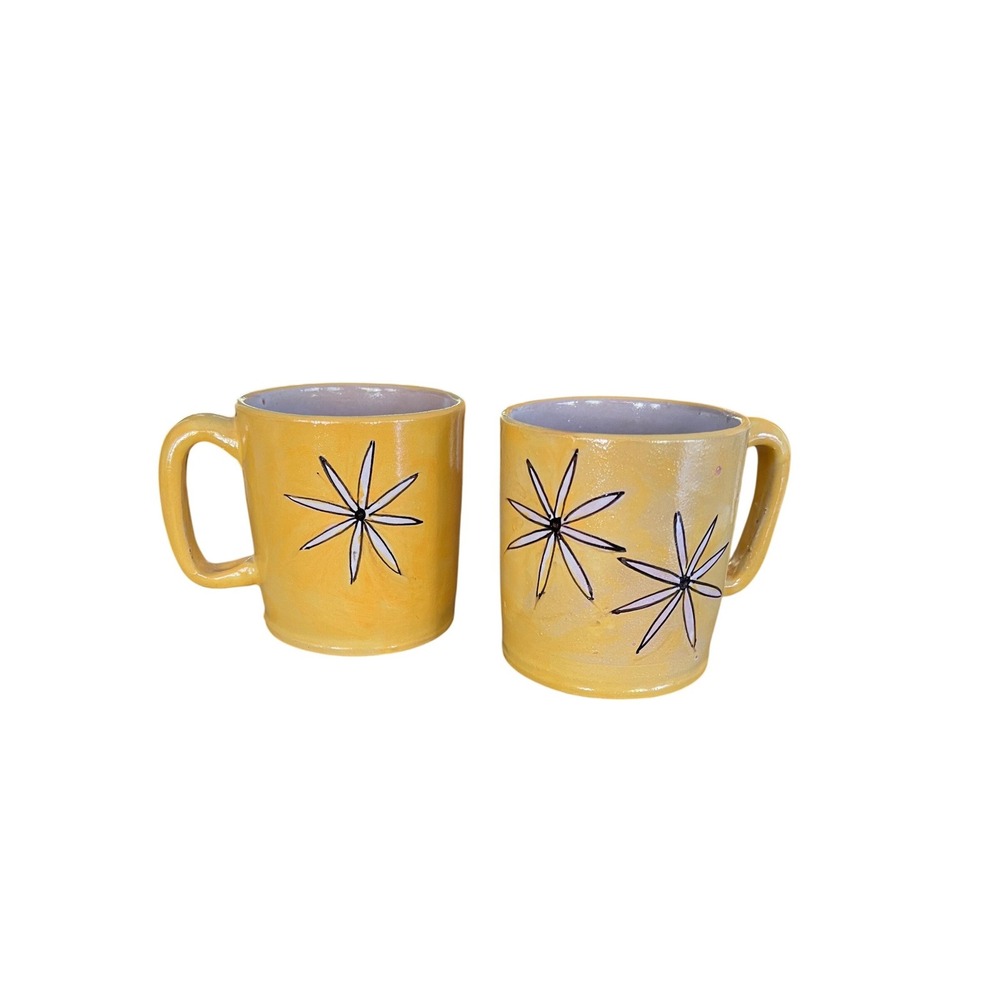 Vietri Italy Yellow Floral Starburst Ceramic Mugs Set of 2